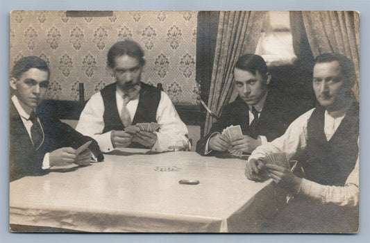 MEN PLAYING CARDS ANTIQUE REAL PHOTO POSTCARD RPPC