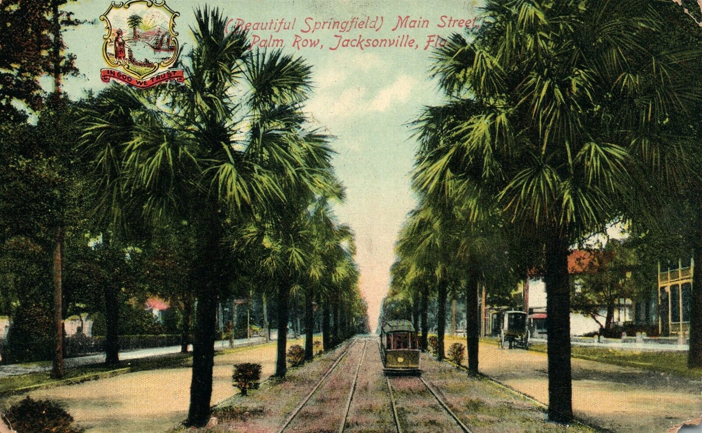 JACKSONVILLE FL PALM ROW MAIN STREET ANTIQUE POSTCARD trolley