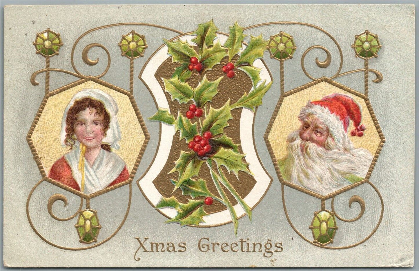 SANTA 1911 CHRISTMAS GREETINGS EMBOSSED ANTIQUE POSTCARD