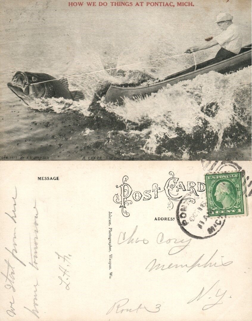 PONTIAC MI FISHING ANTIQUE POSTCARD