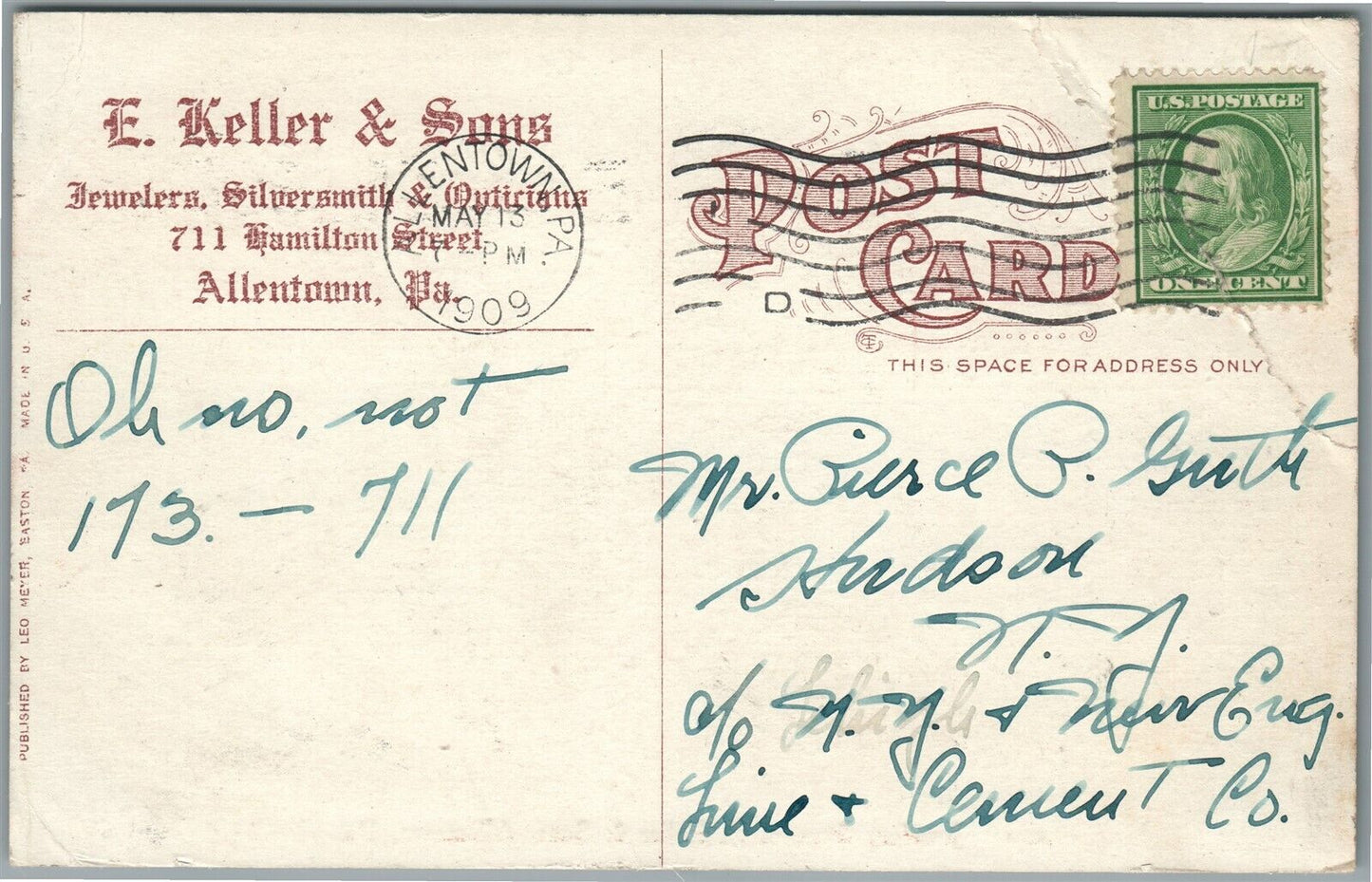 ALLENTOWN PA JEWELERY STORE of E.KELLER & SONS ANTIQUE POSTCARD