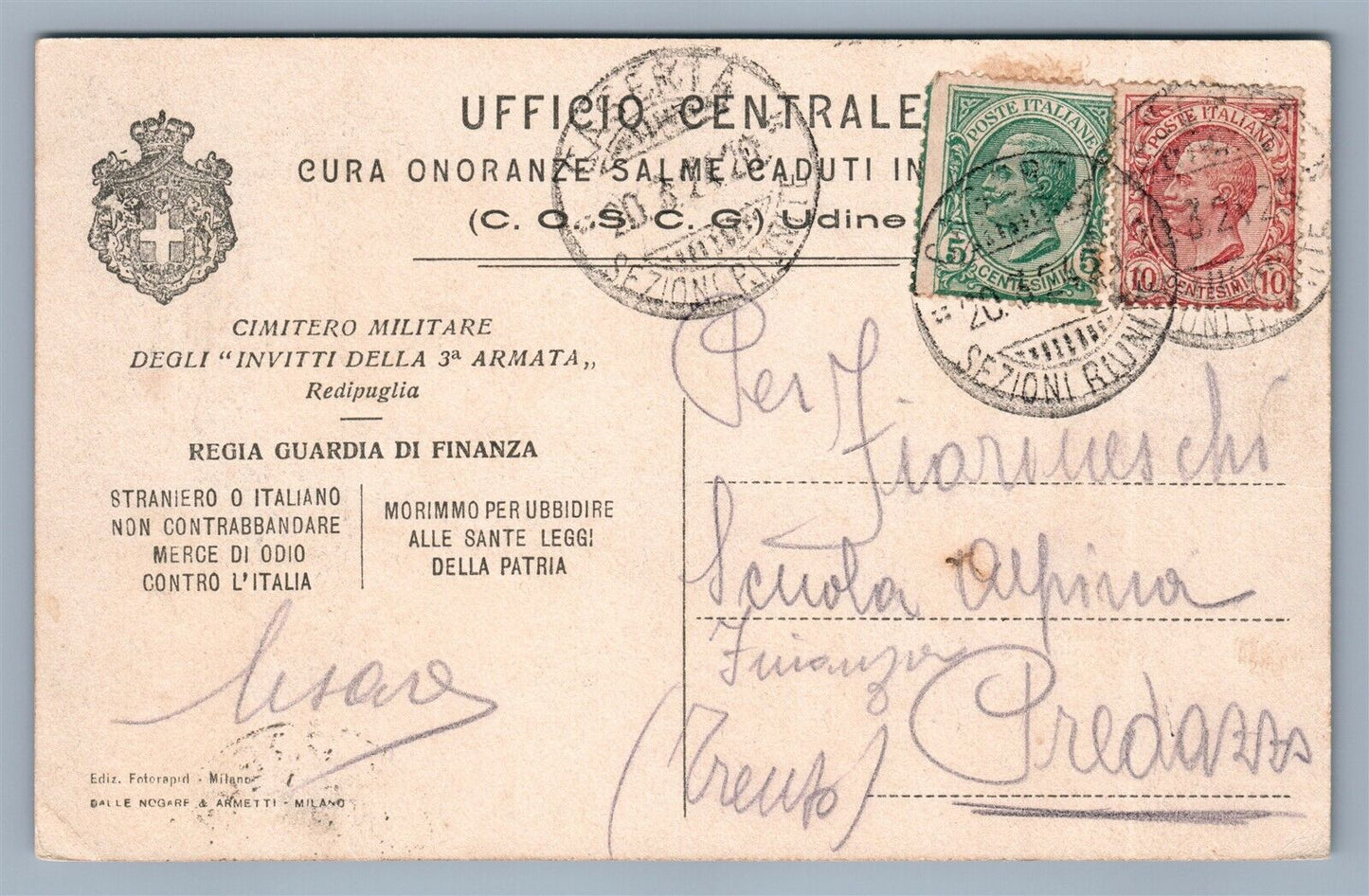 ITALIAN ANTIQUE POSTCARD Guardia di Finanza w/ STAMPS