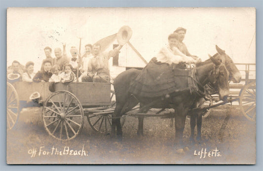 FAMILY COMING FROM BEACH in HORSE CART GROUP ANTIQUE REAL PHOTO POSTCARD RPPC