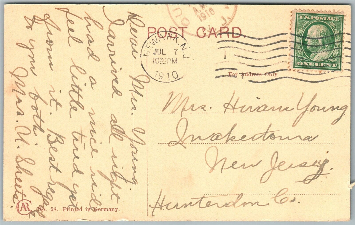 NEWARK NJ AMERICAN INSURANCE COMPANY 1910 ANTIQUE POSTCARD