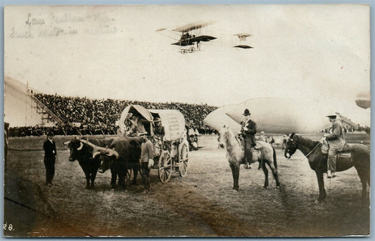 PHOTOMONTAGE ZEPPELIN AIRPLANE HORSES BULLS ANTIQUE REAL PHOTO PC RPPC AVIATION