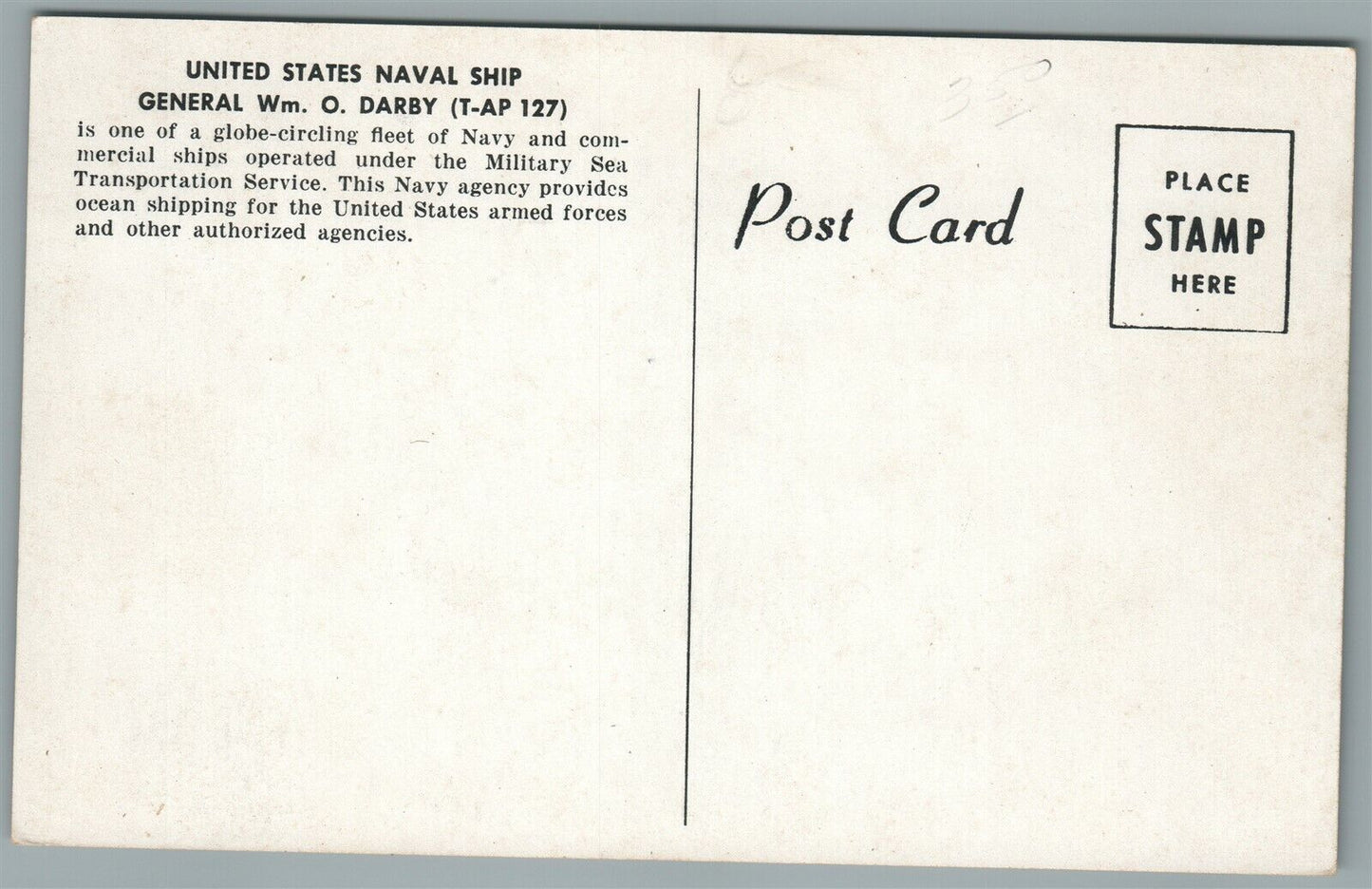 MILITARY SHIP USNS GENERAL Wm. O. DARBY ANTIQUE POSTCARD