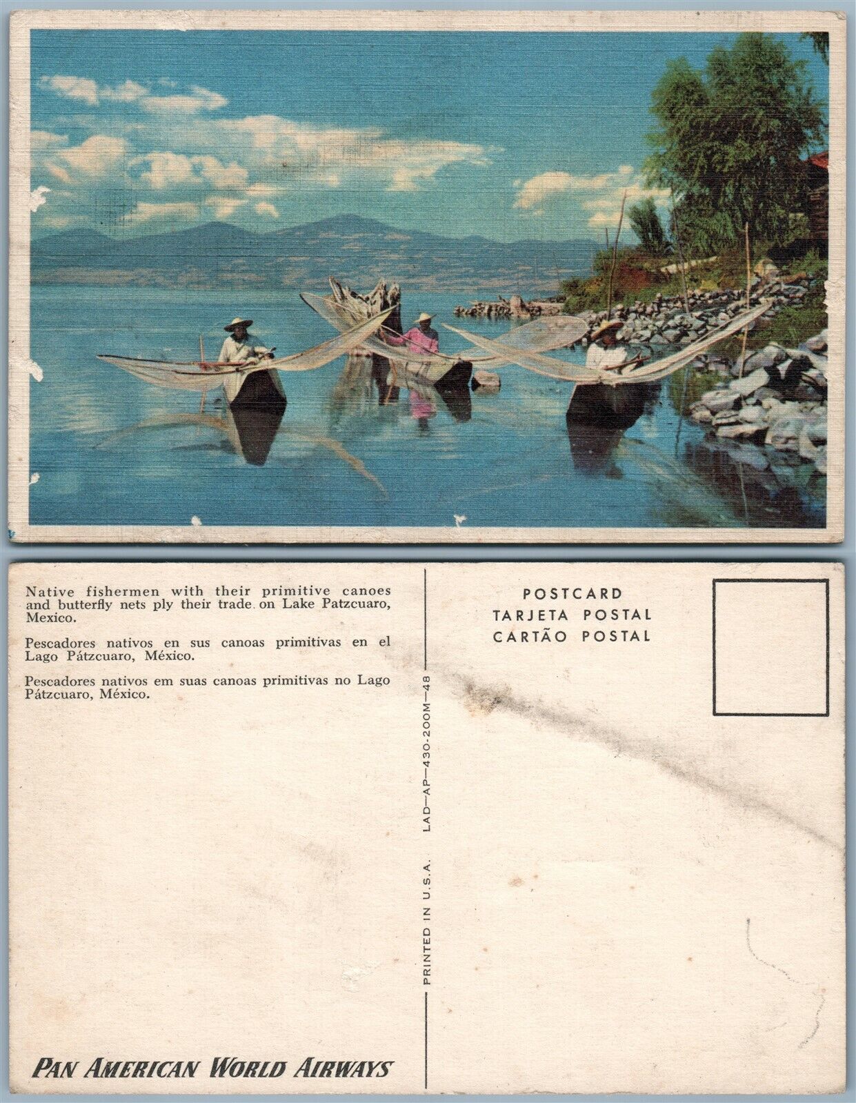 LAKE PATZCUARO MEXICO NATIVE FISHERMEN ANTIQUE POSTCARD PAN AMERICAN AIRWAYS AD