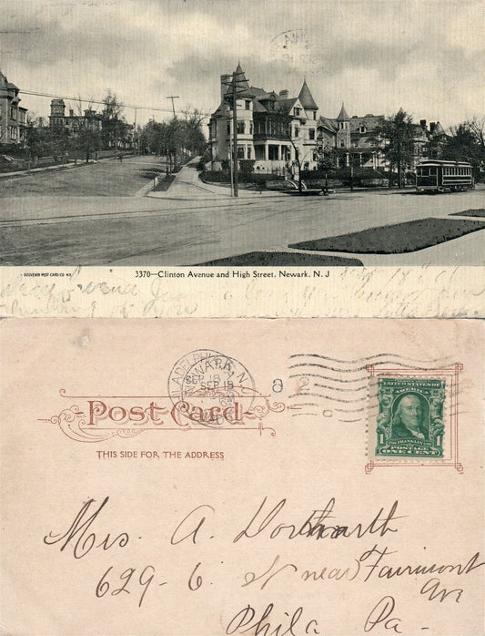 NEWARK N.J. CLINTON AVENUE & HIGH STREET 1907 UNDIVIDED ANTIQUE POSTCARD