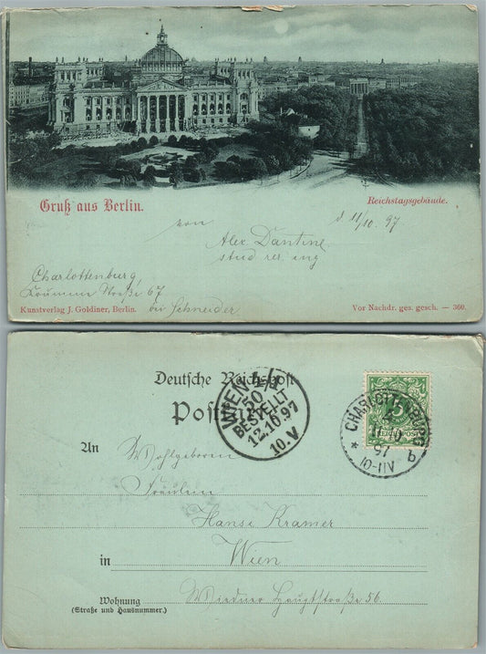 BERLIN GERMANY REICHSTAGSGEBAUDE 1897 ANTIQUE POSTCARD w/ STAMP