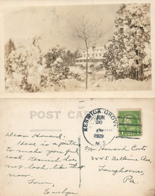 KESWICK GROVE N.J. HOTEL WINTER SCENE VINTAGE 1929 RPPC REAL PHOTO POSTCARD