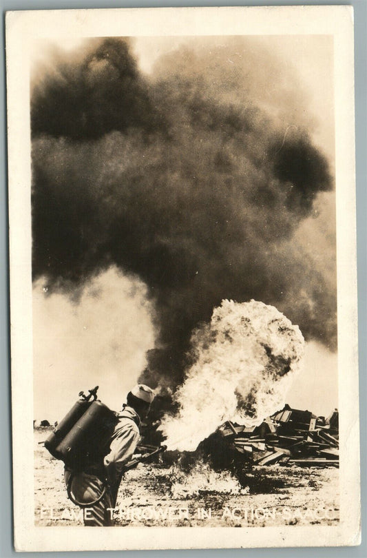 FLAME THROWER in ACTION WWI ANTIQUE REAL PHOTO POSTCARD RPPC