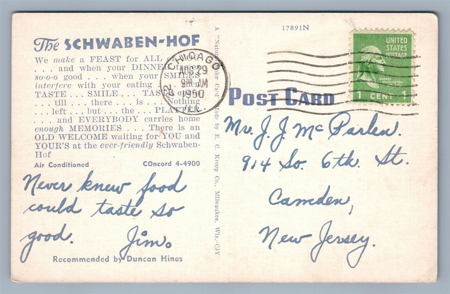 MILWAUKEE WI SCHWABEN-HOF GERMAN RESTAURANT 1950 VINTAGE POSTCARD