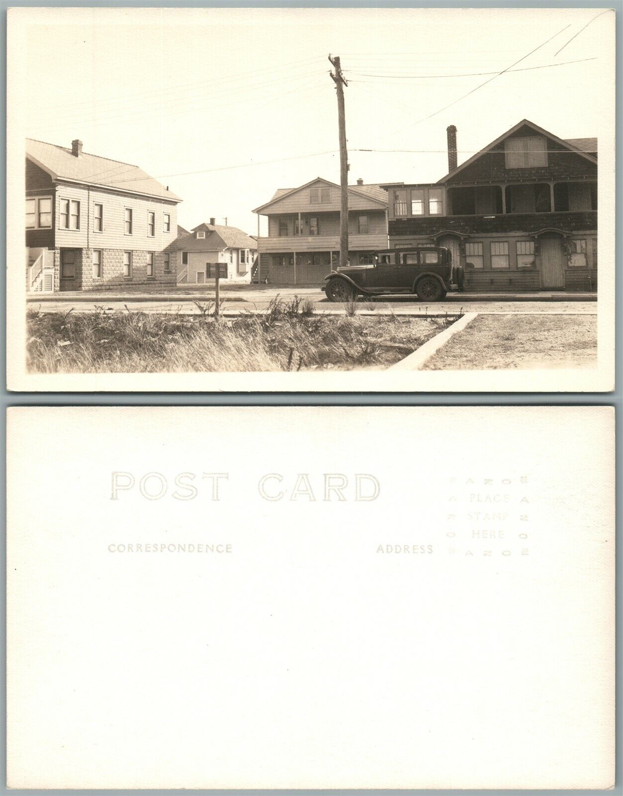 VINTAGE CAR AUTO ON THE VILLAGE STREET ANTIQUE REAL PHOTO POSTCARD RPPC
