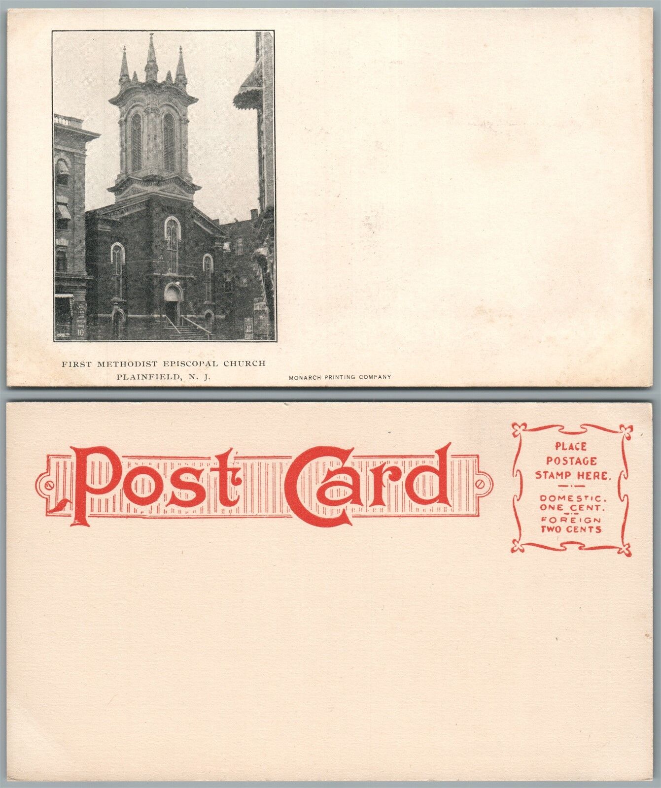 PLAINFIELD N.J. FIRST METHODIST EPISCOPAL CHURCH UNDIVIDED ANTIQUE POSTCARD