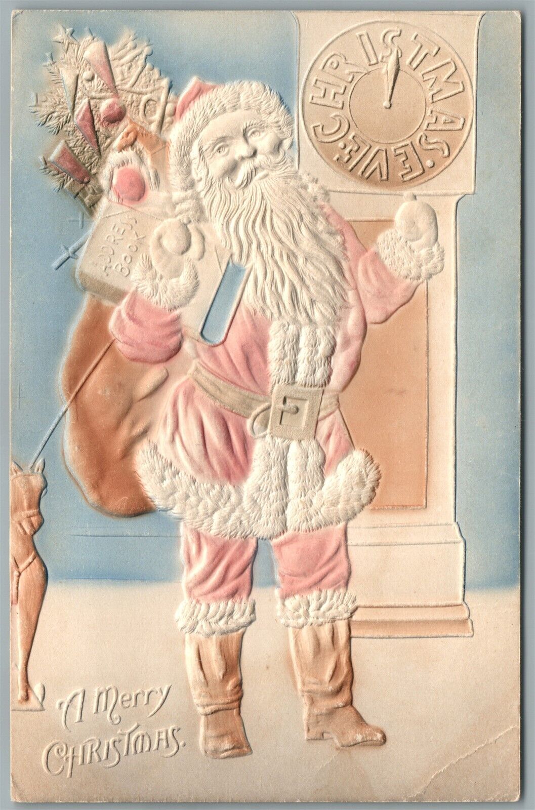 SANTA W/ TOYS EMBOSSED ANTIQUE MERRY CHRISTMAS POSTCARD