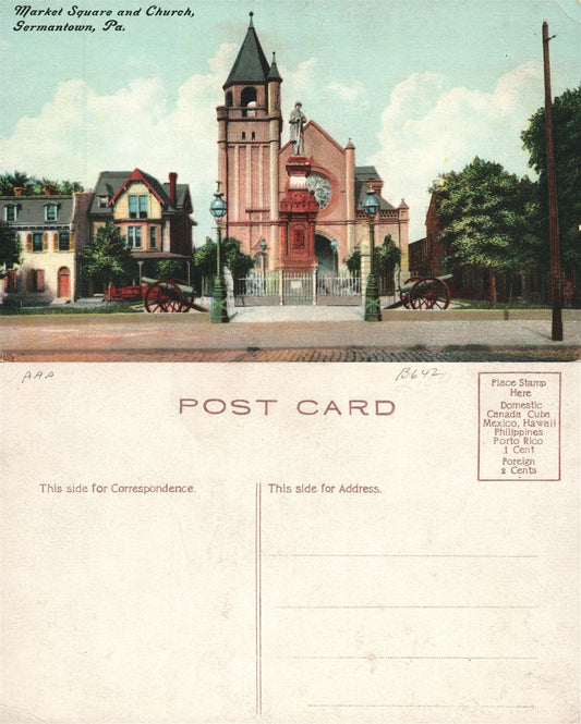 GERMANTOWN PA MARKET SQUARE & CHURCH ANTIQUE POSTCARD