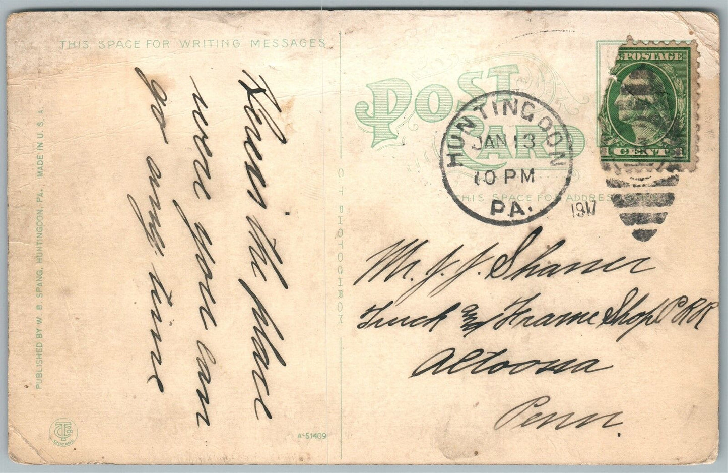 HUNTINGDON PA REFORMATORY 1917 ANTIQUE POSTCARD w/ CORK CANCEL