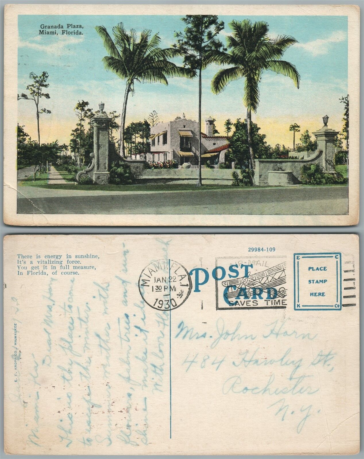 MIAMI FL GRANADA PLAZA HOTEL 1930 VINTAGE POSTCARD AI MAIL SAVES TIME CANCEL