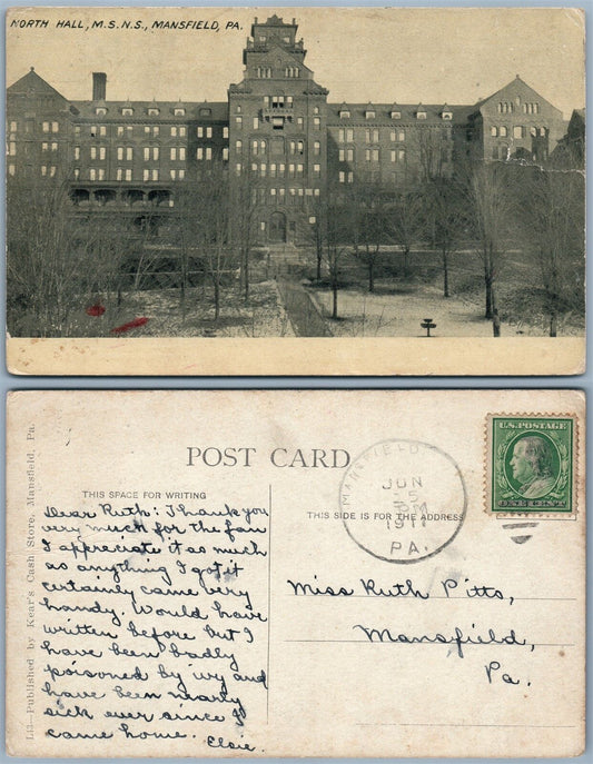MANSFIELD PA NORTH HALL M.S.N.S. 1911 ANTIQUE POSTCARD w/ CORK CANCEL