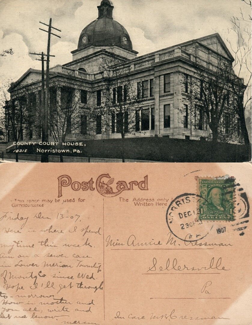 NORRISTOWN PA COUNTY COURT HOUSE 1907 ANTIQUE POSTCARD CORK CANCEL