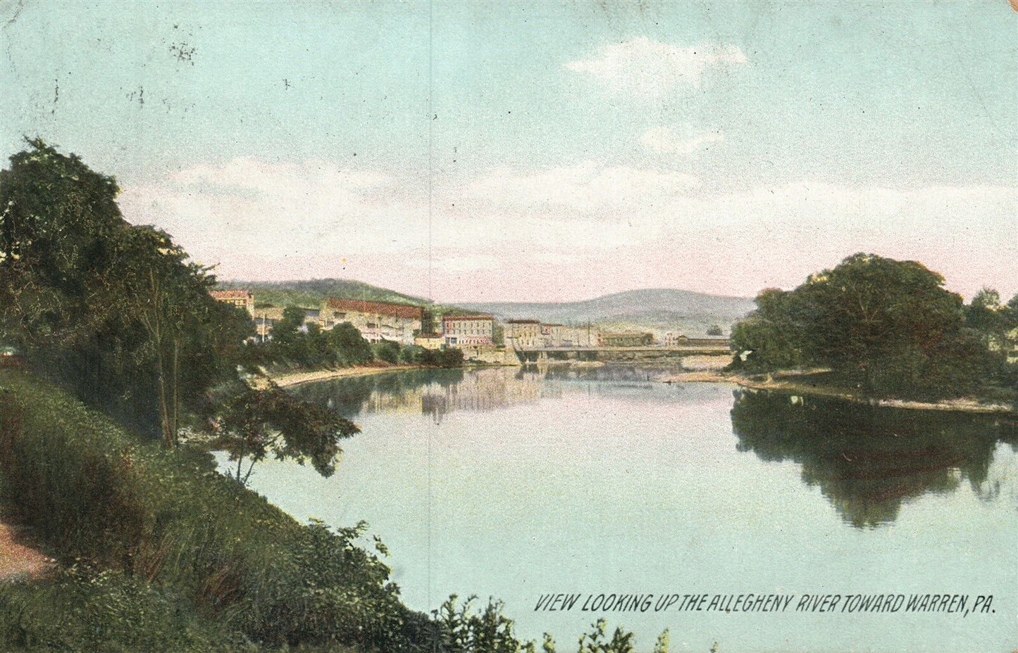 VIEW OF ALLEGHENY RIVER TOWARD WARREN PA 1908 ANTIQUE POSTCARD w/ CORK CANCEL