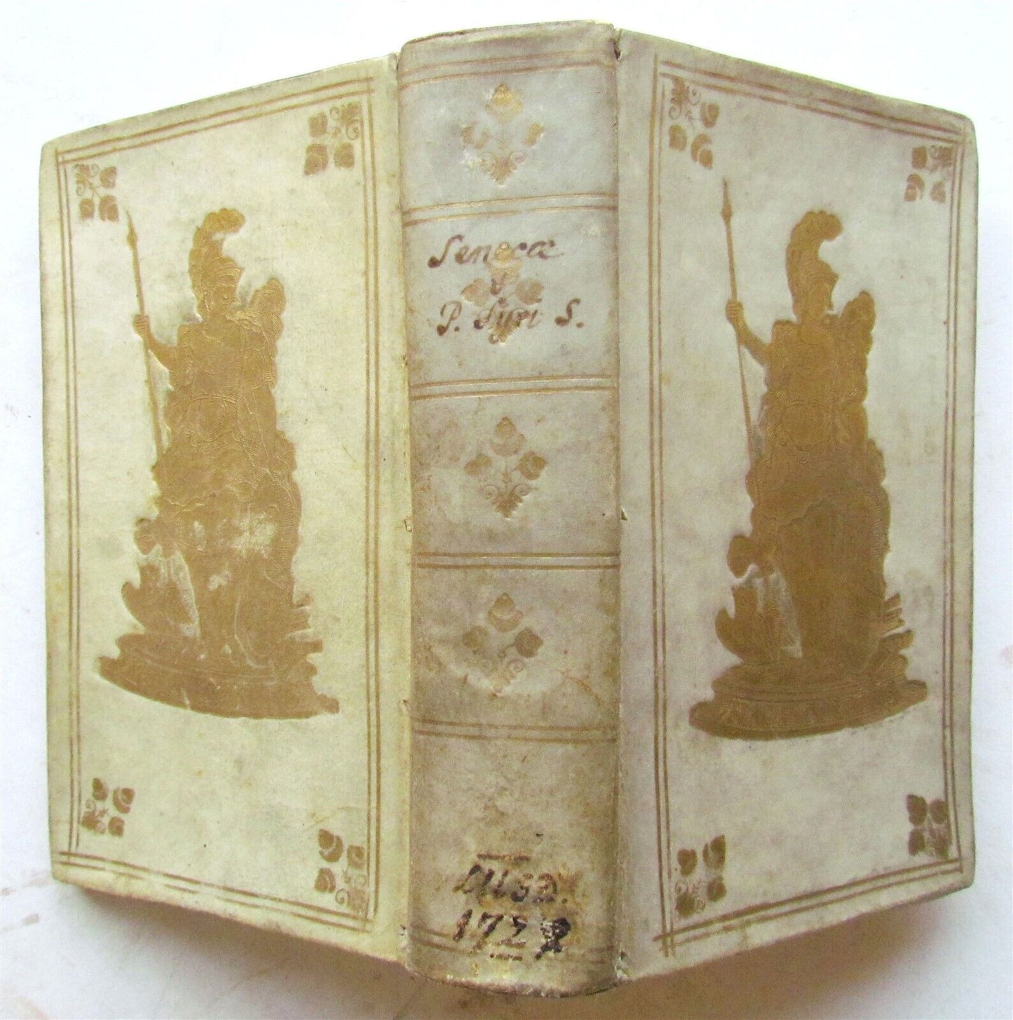 1727 SENECA in LATIN & GREEK antique GILT STAMPED PRIZED VELLUM BINDING