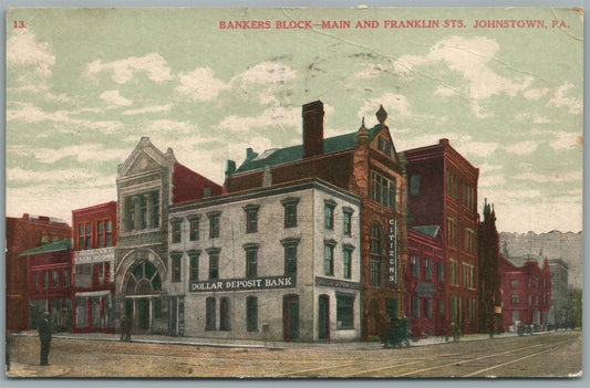 JOHNSTOWN PA BANKERS BLOCK MAIN & FRANKLIN STREETS ANTIQUE POSTCARD