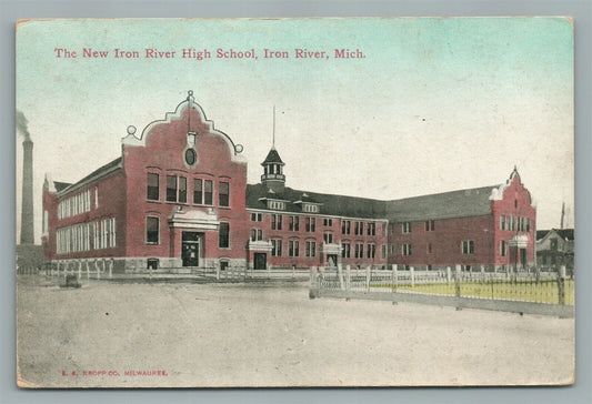 IRON RIVER MI HIGH SCHOOL ANTIQUE POSTCARD