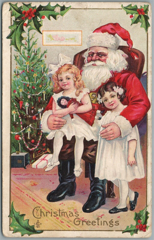 SANTA w/ GIRLS CHRISTMAS GREETINGS ANTIQUE POSTCARD