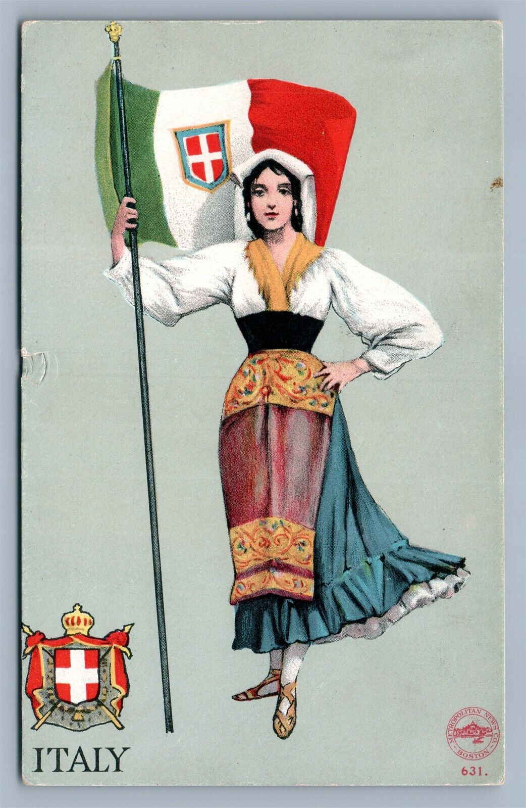 ITALY GIRL w/ FLAG ANTIQUE POSTCARD