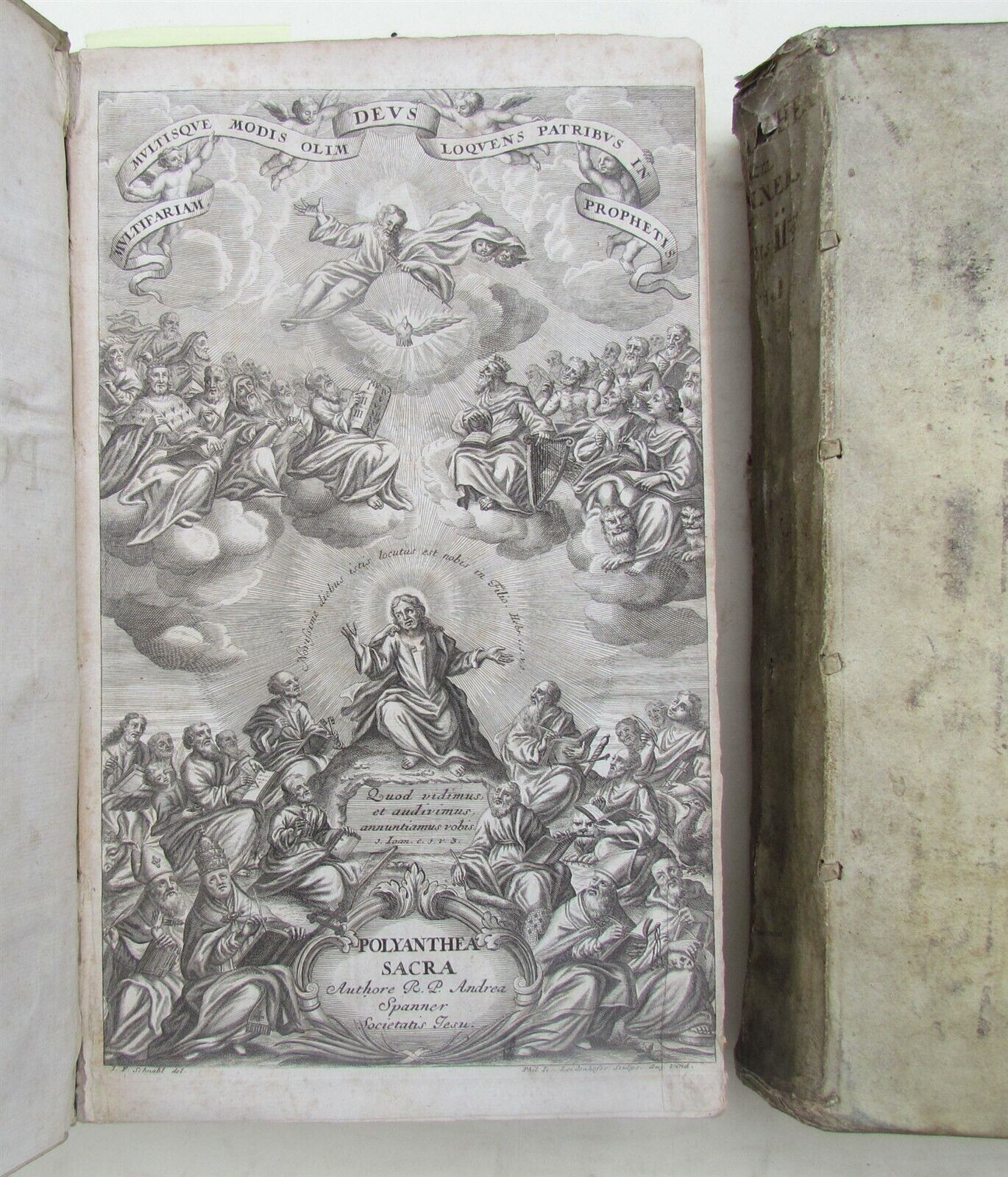 1702 2 volumes VELLUM FOLIO POLYANTHEA SACRA by JESUIT ANDREAE SPANNER ANTIQUE