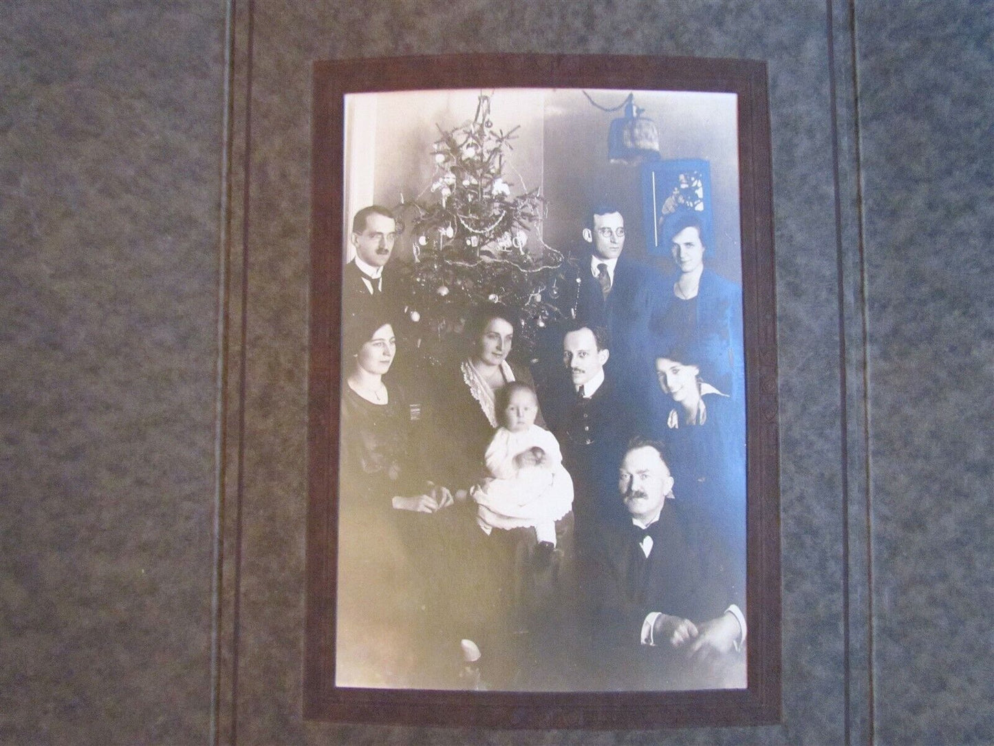 FAMILY at CHRISTMAS TREE ANTIQUE PHOTO