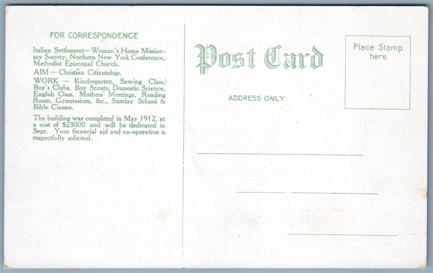 UTICA NY ITALIAN SETTLEMENT HOUSE MARY STREET ANTIQUE POSTCARD