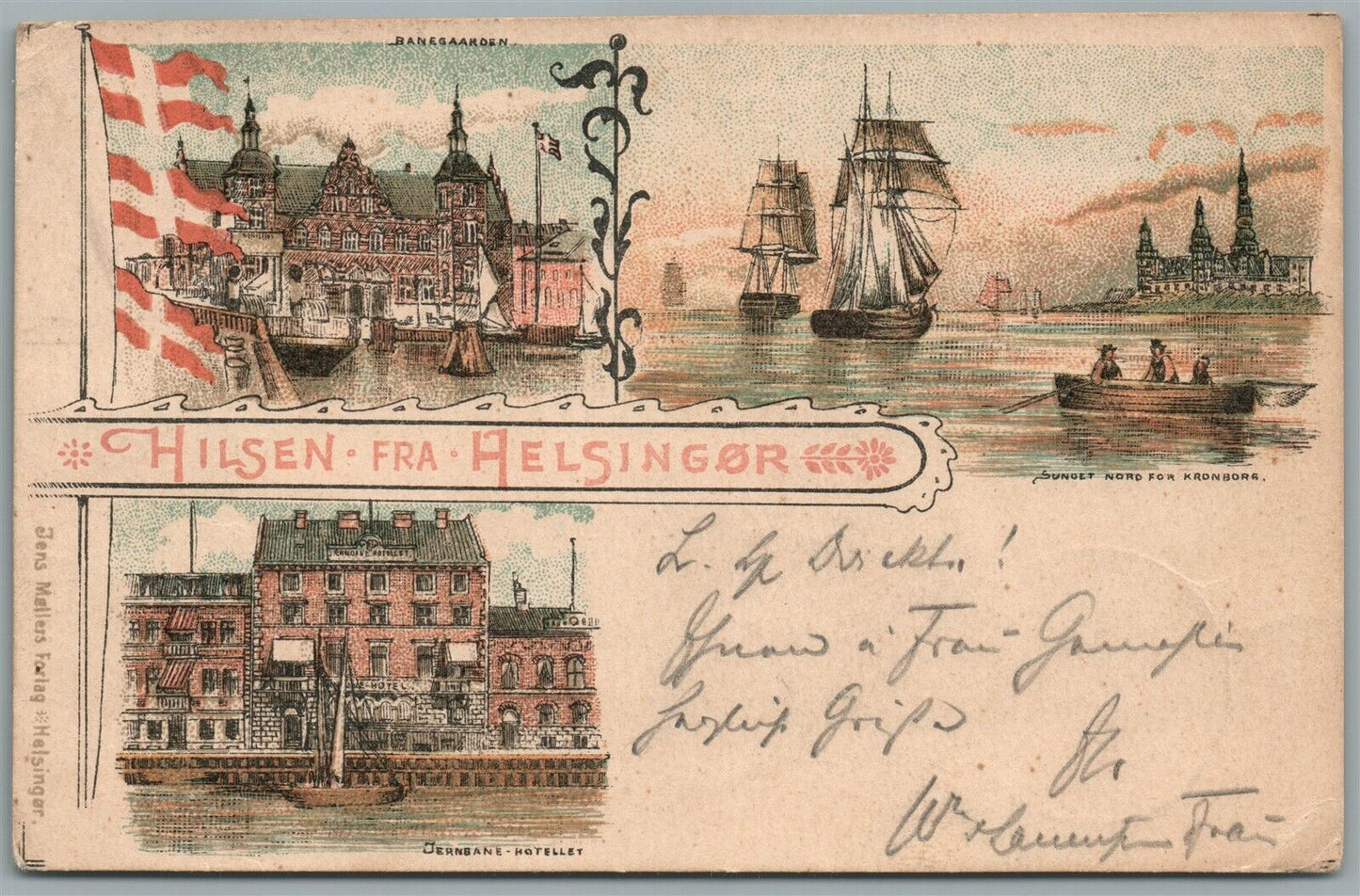 DENMARK HILSEN FRA HELSINGOR ANTIQUE POSTCARD w/ STAMP