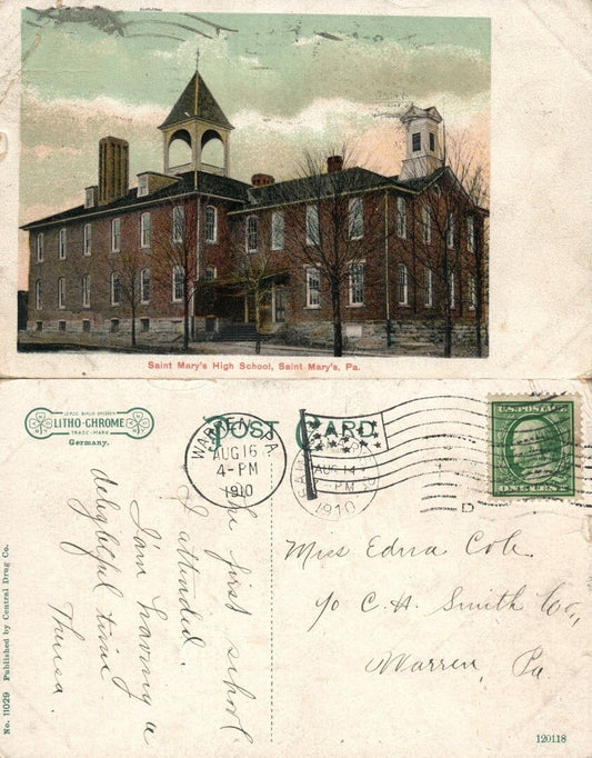 ST.MARY'S HIGH SCHOOL ST.MARY'S PA 1910 ANTIQUE POSTCARD