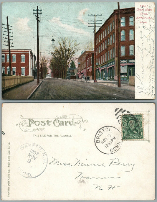 BRISTOL CT UPPER MAIN STREET UNDIVIDED ANTIQUE POSTCARD w/ CORK CANCEL