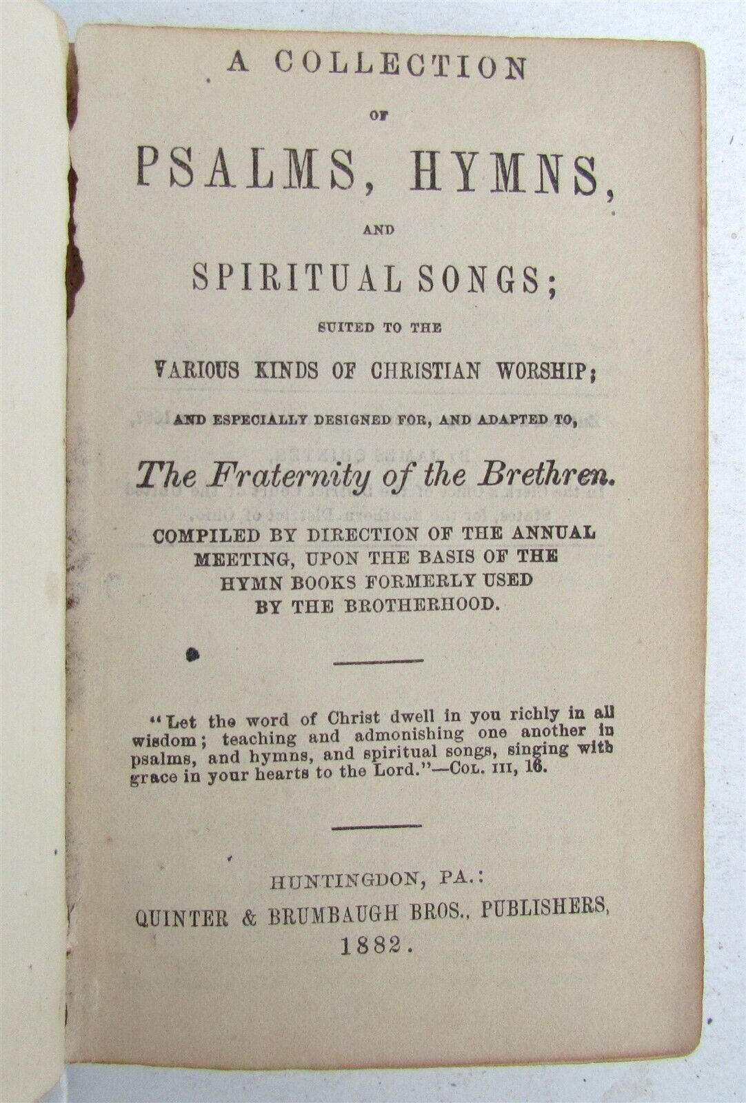 1882 FRATERNITY of BRETHREN COLLECTION OF PSALMS antique HUNTINGDON AMERICANA