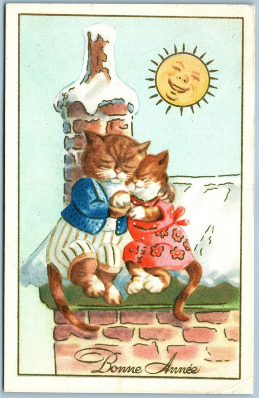 ROMANTIC CAT COUPLE ON THE ROOF VINTAGE POSTCARD