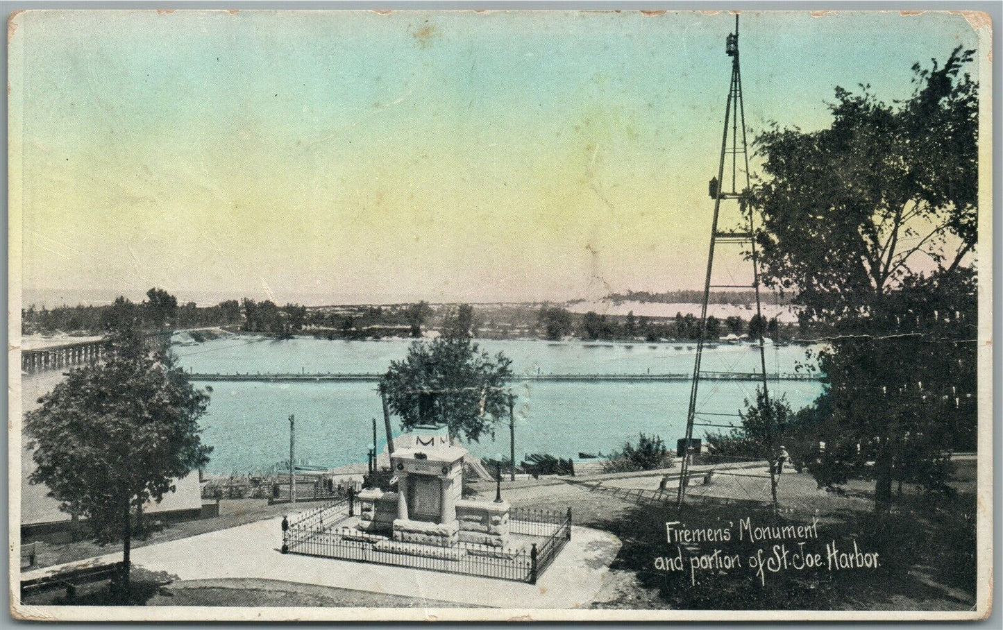 ST.JOE HARBOR MI FIREMEN'S MONUMENT ANTIQUE POSTCARD