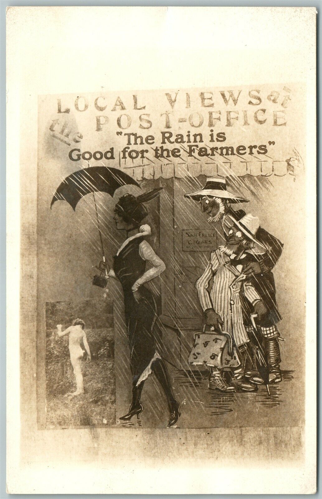 LOCAL VIEWS AT POST OFFICE ANTIQUE REAL PHOTO PC RPPC RAIN IS GOOD FOR FARMERS