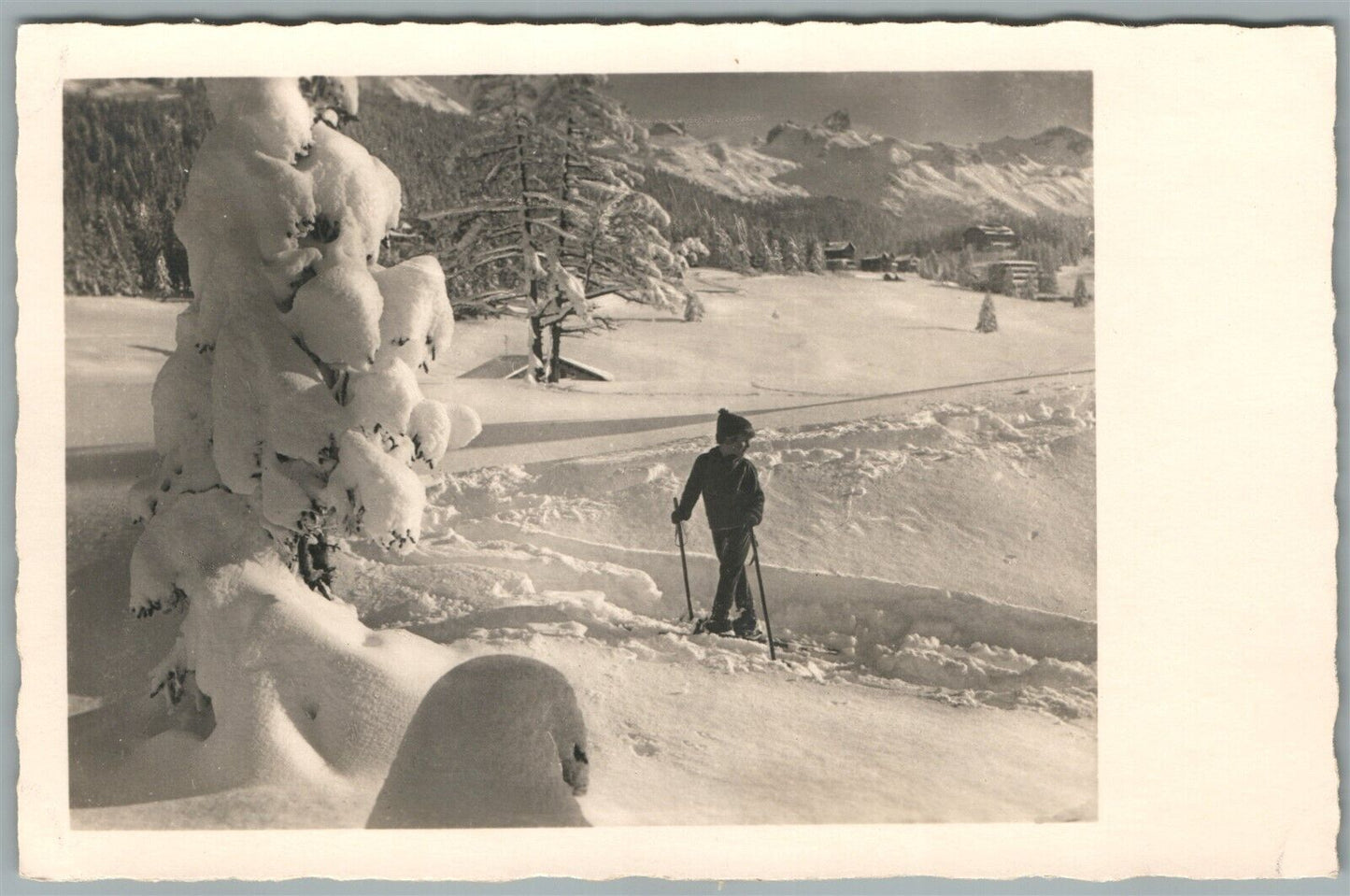 SKIING BOY ANTIQUE REAL PHOTO POSTCARD RPPC