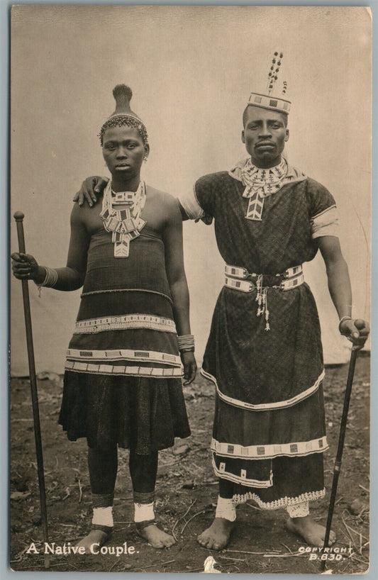 SOUTH AFRICAN NATIVE COUPLE ANTIQUE REAL PHOTO POSTCARD RPPC w/ STAMPS