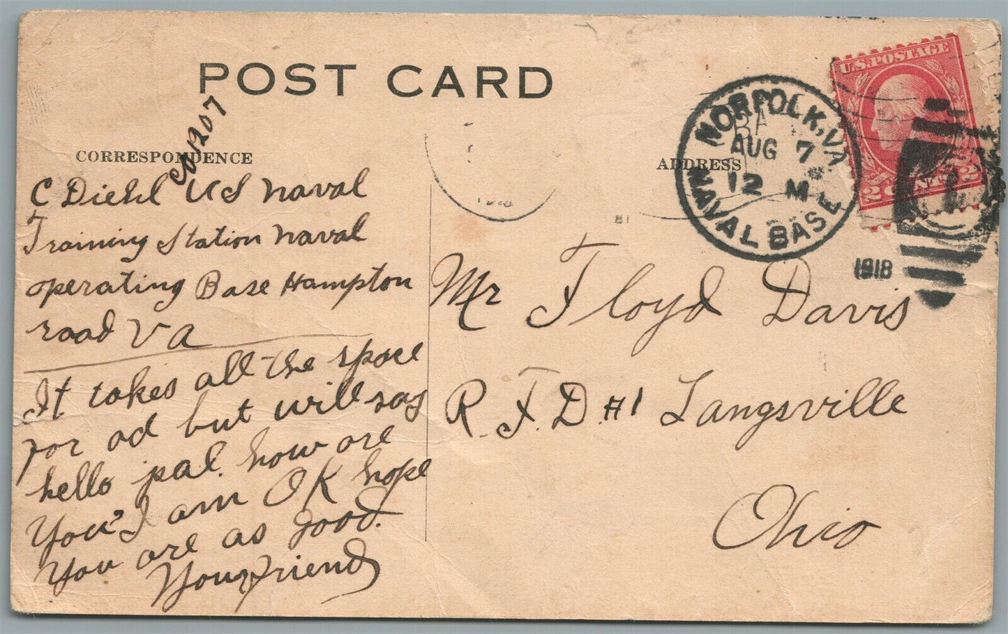 WWI MILITARY PATRIOTIC PROPAGANDA ANTIQUE POSTCARD NORFOLK NAVAL BASE CANCEL