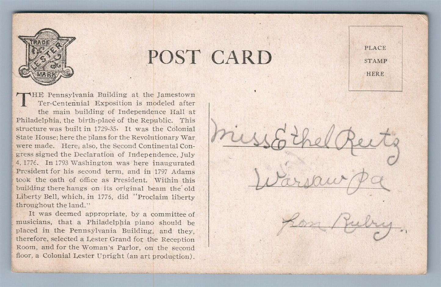 PHILADELPHIA PA LESTER PIANO CO ADVERTISING ANTIQUE POSTCARD PENNSYLVANIA BLDG