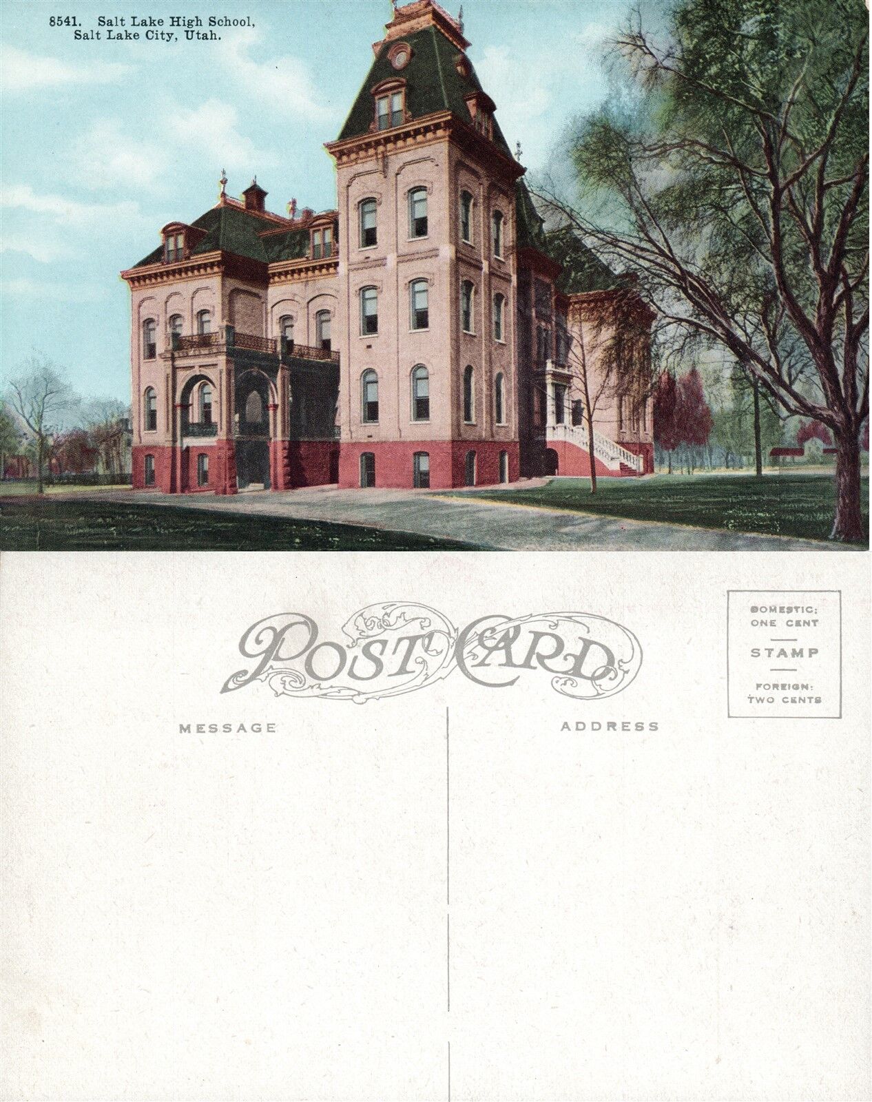 SALT LAKE CITY UTAH HIGH SCHOOL ANTIQUE POSTCARD