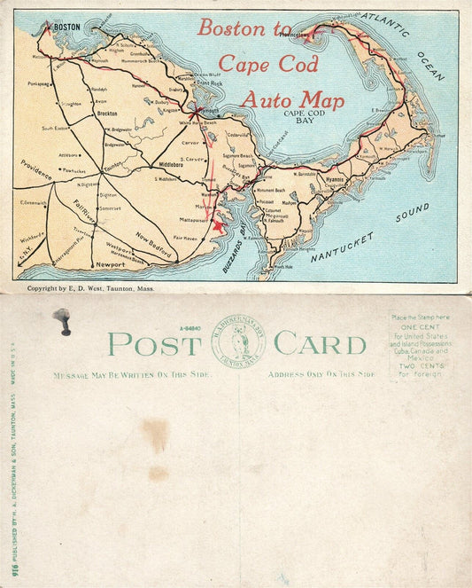 CAPE COD AUTO MAP MA VINTAGE POSTCARD