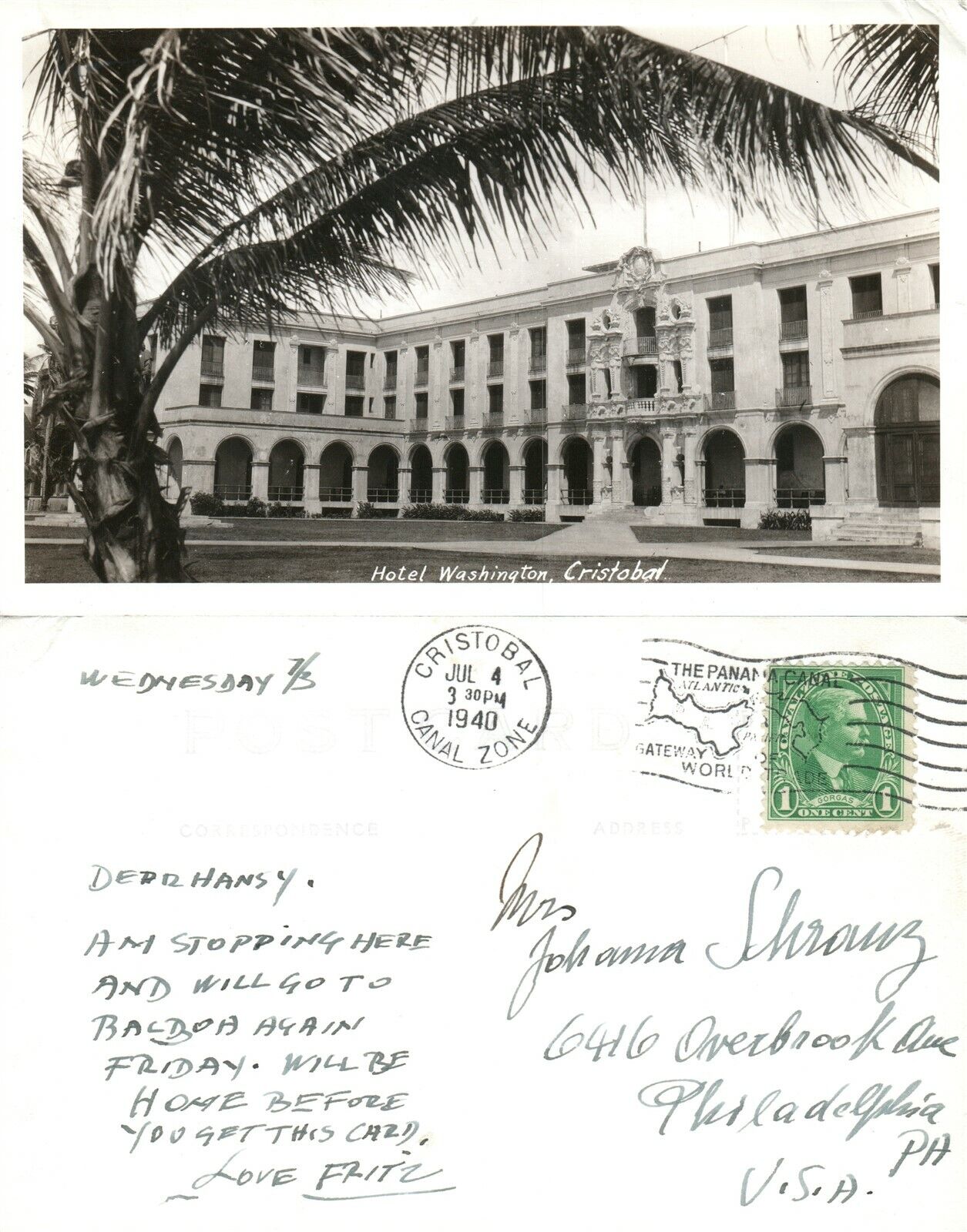 PANAMA CRISTOBAL HOTEL WASHINGTON 1940 VINTAGE REAL PHOTO POSTCARD RPPC