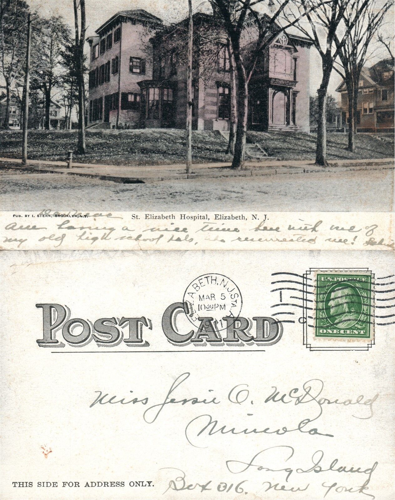 ELIZABETH N.J. HOSPITAL UNDIVIDED ANTIQUE POSTCARD