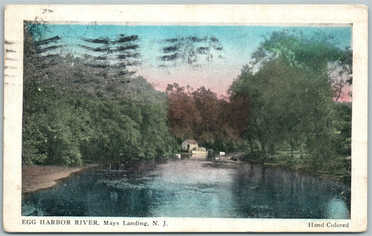 MAYS LANDING NJ EGG HARBOR RIVER HAND COLORED VINTAGE 1930 POSTCARD