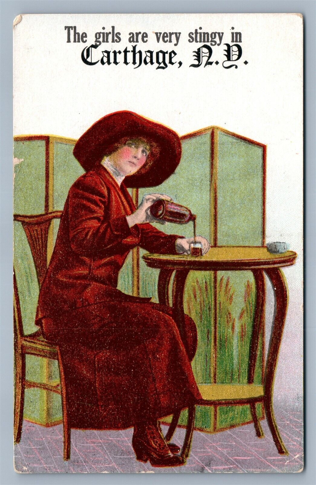 CARTHAGE NY WINE DRINKING GIRL ANTIQUE POSTCARD